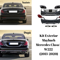 Pachet complet kit exterior Maybach Look pentru Mercedes-Benz S-Class W222 (2013–2020), cu bare față/spate, grilă, faruri, stopuri și ornamente evacuare
