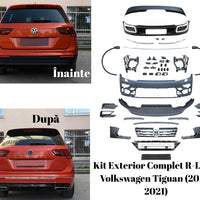 Kit exterior R-Line pentru Volkswagen Tiguan 2016–2021, conține toate piesele: bare, grilă, difuzor, ornamente, suporturi și prinderi.