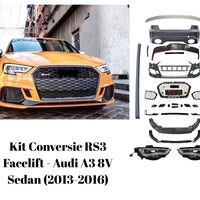 Piese componente kit conversie RS3 Facelift pentru Audi A3 8V Sedan (2013–2016) – bară față, bară spate, grile, faruri LED, stopuri