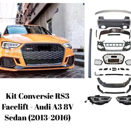 Audi A3 8V Sedan portocaliu cu conversie RS3 Facelift completă – bară față sport, grilă RS, difuzor și faruri LED dinamice