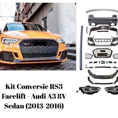 Audi A3 8V Sedan portocaliu cu conversie RS3 Facelift completă – bară față sport, grilă RS, difuzor și faruri LED dinamice