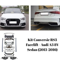 Piese componente kit conversie RS3 Facelift pentru Audi A3 8V Sedan (2013–2016) – bară față, bară spate, grile, faruri LED, stopuri