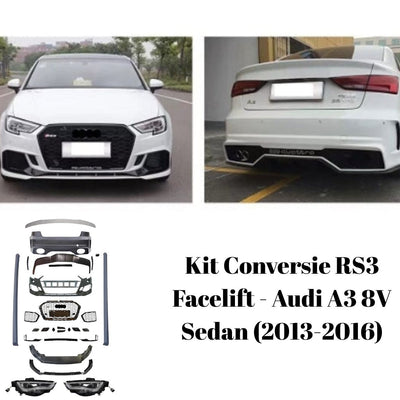 Vedere frontală și din spate Audi A3 8V Sedan (2013–2016) echipat cu kit exterior RS3 Facelift aftermarket