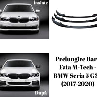 Splitter bară față BMW Seria 5 G30 (2017–2020), 3 piese, model sport M-Tech, finisaj lucios negru și carbon, vedere frontală pe fundal alb.