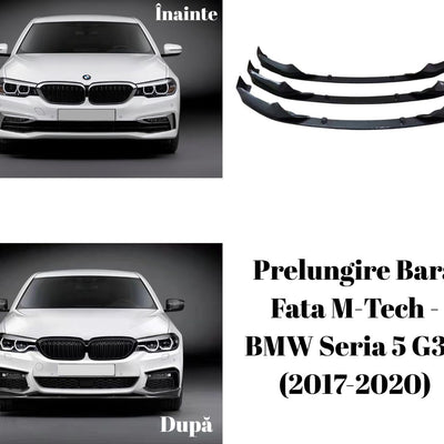 Colaj comparativ „înainte și după” instalarea prelungirii de bară față M-Tech pe BMW Seria 5 G30 (2017–2020), finisaj sportiv cu impact vizual crescut.