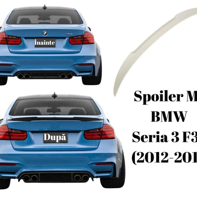 Vedere spate BMW Seria 3 F30 albastru, comparație înainte și după montaj spoiler M4 Look alb, piesă tuning aftermarket.