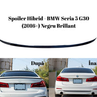Vedere frontală a spoilerului hibrid compatibil cu BMW Seria 5 G30 Sedan (2016+). Finisaj negru brillant, design aerodinamic din ABS rezistent.