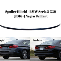 Vedere frontală a spoilerului hibrid compatibil cu BMW Seria 5 G30 Sedan (2016+). Finisaj negru brillant, design aerodinamic din ABS rezistent.