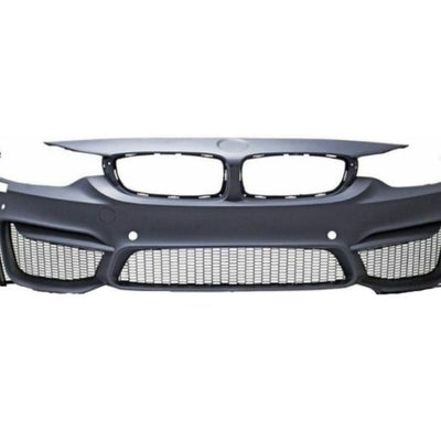 Bară față M4 design pentru BMW Seria 4 F32/F33, cu grilă centrală, grile laterale și compatibilitate cu senzori PDC.