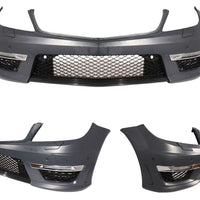 Bară față sport C63 AMG pentru Mercedes Clasa C W204 Facelift 2012–2015, cu grilă centrală și ornamente laterale, piesă aftermarket pregătită pentru vopsire