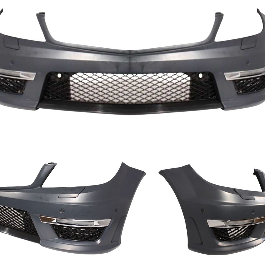 Bară față sport C63 AMG pentru Mercedes Clasa C W204 Facelift 2012–2015, cu grilă centrală și ornamente laterale, piesă aftermarket pregătită pentru vopsire