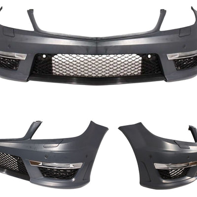 Bară față sport C63 AMG pentru Mercedes Clasa C W204 Facelift 2012–2015, cu grilă centrală și ornamente laterale, piesă aftermarket pregătită pentru vopsire