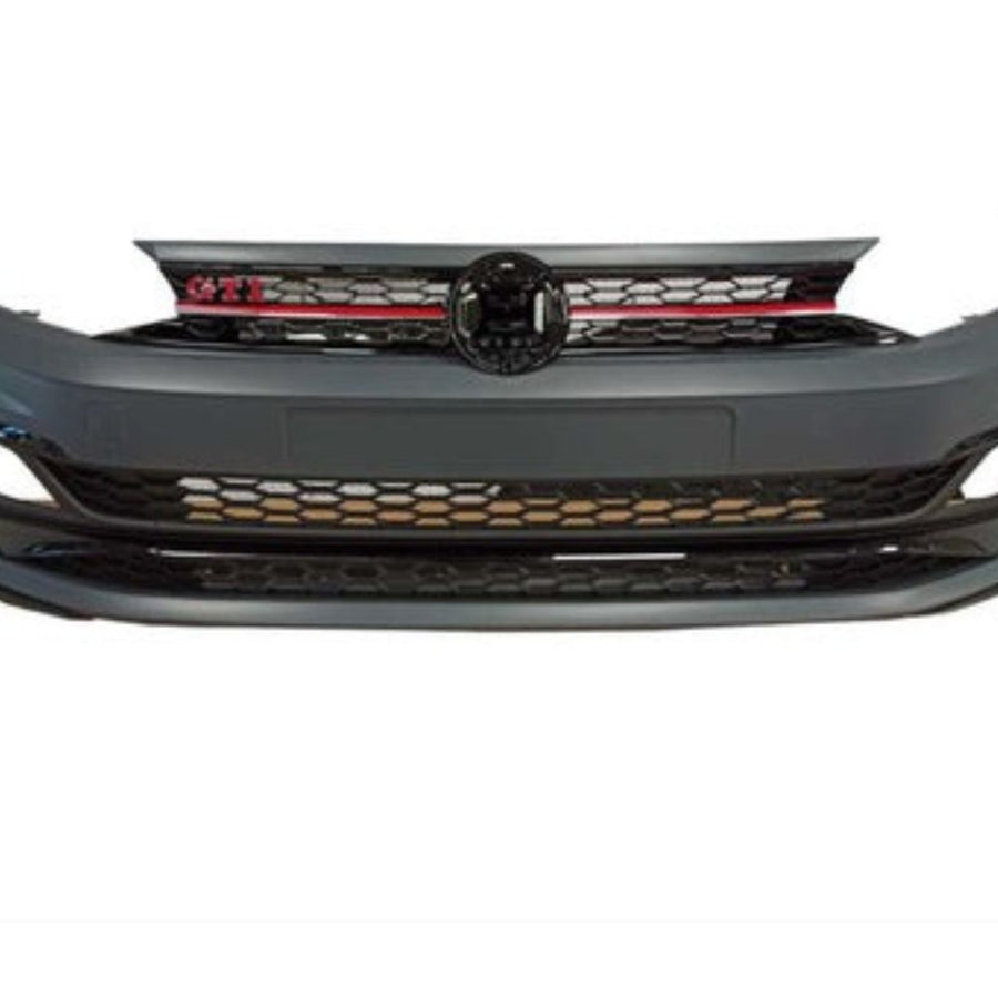 Bară față tuning design GTI negru cu grilă roșie tip fagure pentru Volkswagen Polo MK6 2018+