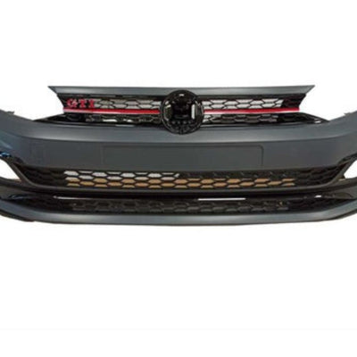 Bară față tuning design GTI negru cu grilă roșie tip fagure pentru Volkswagen Polo MK6 2018+