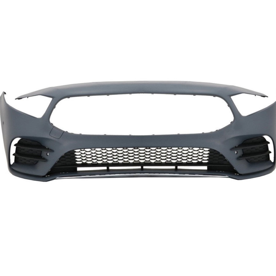 Bară față completă pentru Mercedes-Benz Clasa A V177 Sedan (2018-prezent), fabricată din polipropilenă de înaltă calitate, pregătită pentru vopsire, compatibilă cu senzori PDC și sistem SRA.
