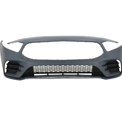 Bară față completă pentru Mercedes-Benz Clasa A V177 Sedan (2018-prezent), fabricată din polipropilenă de înaltă calitate, pregătită pentru vopsire, compatibilă cu senzori PDC și sistem SRA.