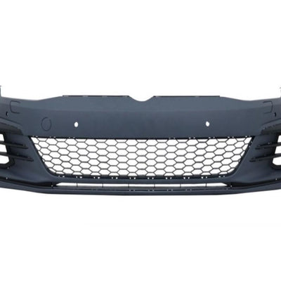 Bară față tuning stil R-Line pentru Volkswagen Golf 7.5 facelift 2017+, vedere frontală, grilă tip fagure, material ABS de înaltă calitate, negru mat, pregătită pentru vopsire.