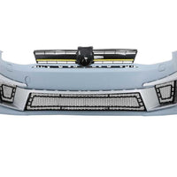Kit complet aftermarket pentru Volkswagen Golf 7 MK7 (2012–2018), include bară față R400 Design, grilă centrală neagră cu detalii roșii, splitter inferior și suport număr.