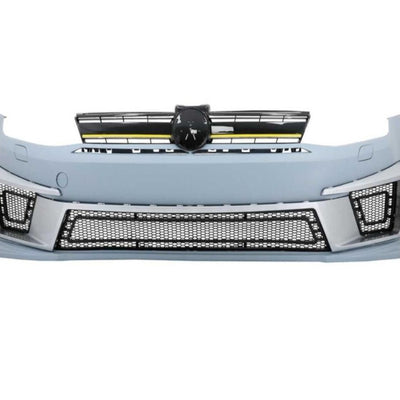 Imagine frontală a barei față R400 Design pentru Volkswagen Golf 7 MK7 (2012–2018), compatibilă cu senzori PDC și emblemă originală, finisaj pregătit pentru vopsire.