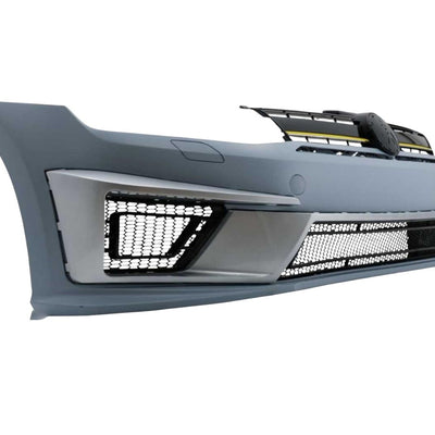 Vedere laterală a barei față R400 Design pentru Volkswagen Golf 7 MK7 (2012–2018), cu grile tip fagure, finisaj negru lucios și elemente argintii decorative.