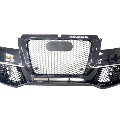 Bară față design RS3 negru lucios pentru Audi A3 8P Hatchback (2009–2012), cu grilă tip fagure și orificii PDC – vedere din față completă.