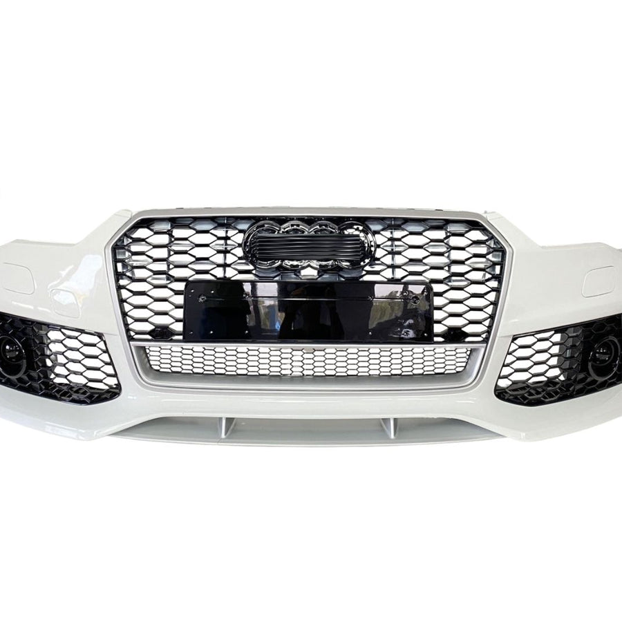 Bară față vopsită alb, design RS7 cu grilă fagure neagră și accente cromate, compatibilă cu Audi A7 4G8 Facelift 2015–2017