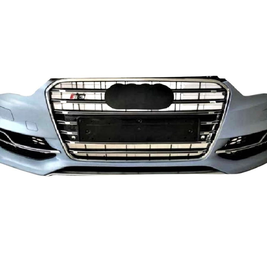 Bară față design S3 pentru Audi A3 8V Sedan, compatibilă cu modelele 2013–2016. Kit complet aftermarket, pregătit pentru vopsire și montaj.