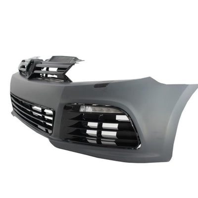 Detalii laterale ale barei față R20 pentru Golf 6 (2009–2012), cu decupaje pentru senzori PDC și design agresiv sportiv.