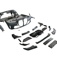 Kit exterior complet compatibil BMW Seria 4 G22/G23 (2020+), aspect M4 – vedere de sus cu toate componentele: bară față, bară spate, grile, difuzor, praguri.
