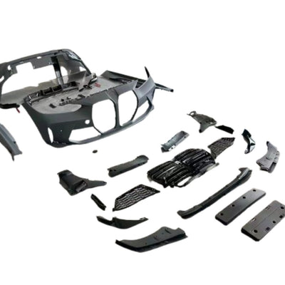 Bară față sportivă pentru BMW G22/G23 cu grilă centrală, elemente de protecție, grile și componente de fixare – kit exterior M4 pentru conversie completă.