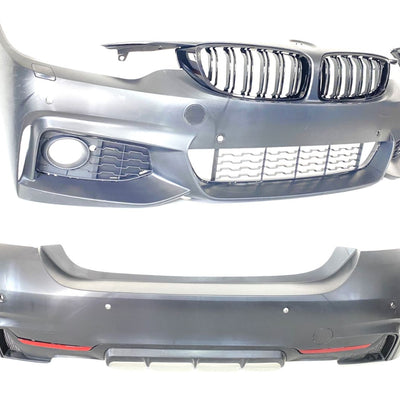 Bare față și spate M-Tech BMW F32/F33 din polipropilenă pregătite de vopsit, compatibile cu senzori PDC, look sportiv aftermarket.