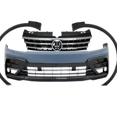 Set frontal pentru Tiguan R-Line, cu bară față, grilă centrală sport și extensii aripi incluse, compatibil cu modelele 2016–2021.