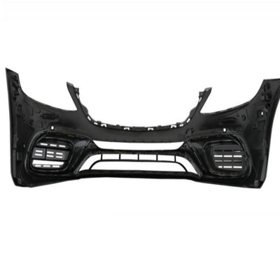 Bară față negru lucios S63 AMG compatibilă cu Mercedes S-Class W222, design sportiv cu prize aer laterale și grilă inferioară.