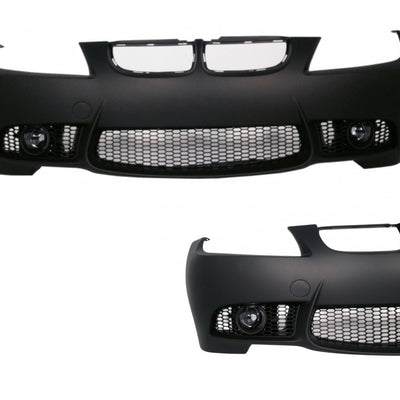 Bară față sport M3 compatibilă BMW E90 Pre LCI, vedere din față și lateral, cu proiectoare și grilă centrală tip fagure