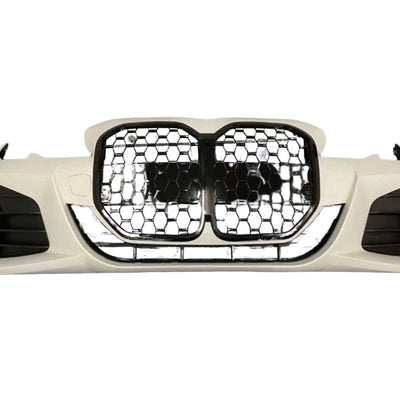 Bară față vopsită alb pentru BMW Seria 3 G20, echipată cu grilă centrală negru lucios și design aerodinamic