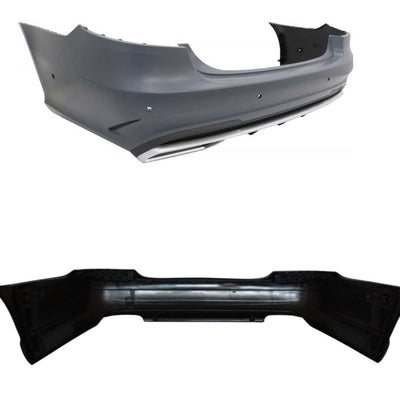 Bară spate E63 AMG aftermarket pentru W211 – comparare între exteriorul și interiorul barei pentru evidențierea calității construcției.