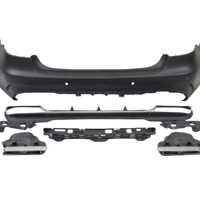 Bară spate completă cu difuzor sport și ornamente evacuare pentru Mercedes E-Class W212, look AMG E63, model facelift 2013–2015.