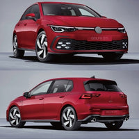 Imagine frontală și din spate cu Volkswagen Golf 8 echipat cu bara față GTI, bara spate sportivă, difuzor, grile și ornamente evacuare din kitul complet GTI.