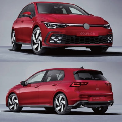 Kit bară spate GTI pentru Volkswagen Golf 8, cu difuzor sport integrat și elemente decorative incluse, pregătit pentru vopsire.