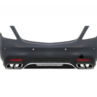 Kit exterior complet S63 AMG pentru Mercedes Clasa S W222, compus din bară față, bară spate, grilă, ornamente evacuare, praguri și elemente suport.