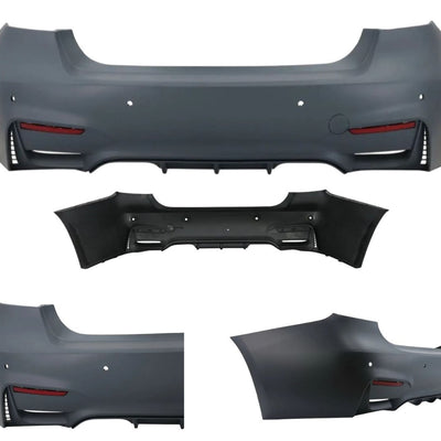 Bară spate M3 compatibilă BMW F30 (2011-2019), vedere frontală și interioară – piesă din polipropilenă cu locașuri pentru senzori parcare și evacuare dublă