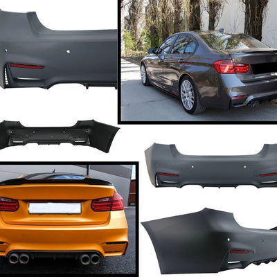 Bară spate tuning M3 montată pe BMW Seria 3 F30 gri 2011-2019, unghi spate lateral – evidențiază integrarea perfectă și aspectul sportiv