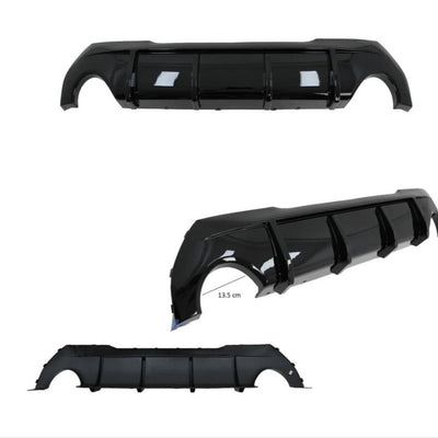 Set complet de bare spate din kitul Aero, compatibil BMW Seria 1 F40. Include vedere din diferite unghiuri și specificații (ex: 13.5 cm), utile pentru montaj și compatibilitate