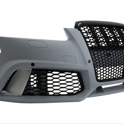 Bară față RS6 design gri mat cu grilă neagră tip fagure compatibilă cu Audi A6 C6 Facelift 2009–2011, produs aftermarket tuning sport.