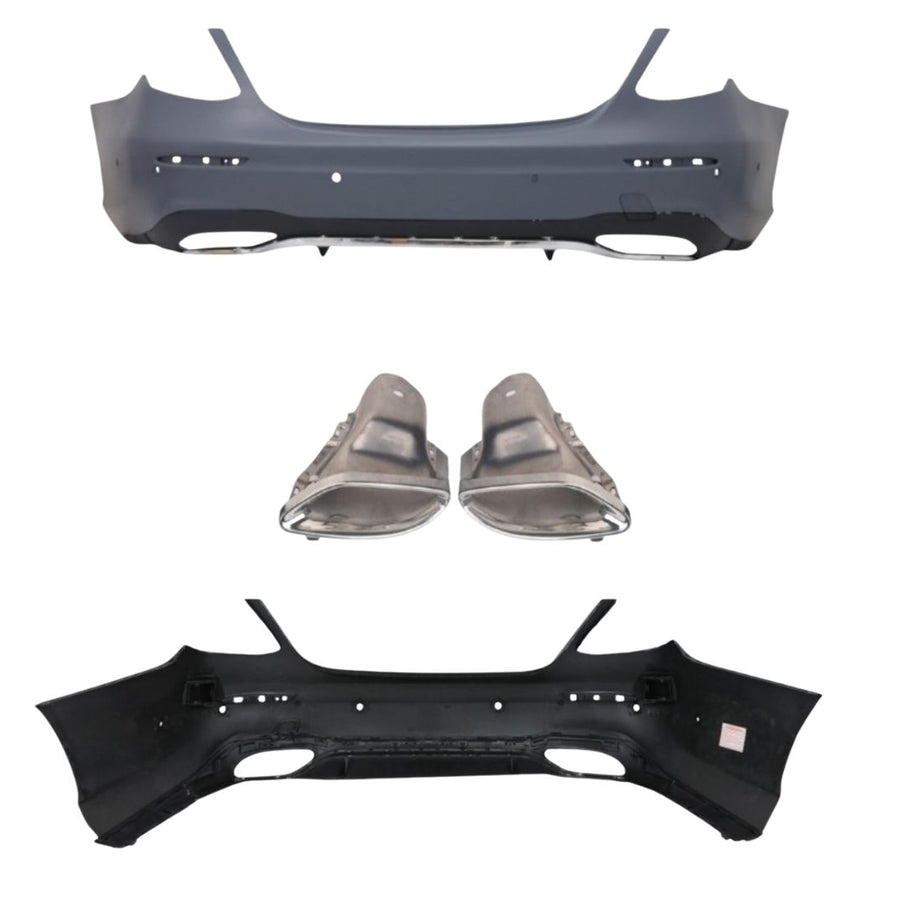 Set complet cu bară spate sport AMG Look pentru Mercedes Clasa E W213, compatibilă cu senzori PDC, inclusiv ornamente evacuare din oțel inoxidabil cu finisaj cromat.