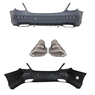Set complet cu bară spate sport AMG Look pentru Mercedes Clasa E W213, compatibilă cu senzori PDC, inclusiv ornamente evacuare din oțel inoxidabil cu finisaj cromat.