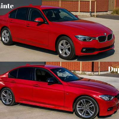 Colaj comparativ care arată un BMW Seria 3 F30 roșu înainte și după montarea pragurilor laterale Design M-Sport. În partea de sus: versiunea stock, iar jos: look sportiv îmbunătățit cu praguri M-Sport montate
