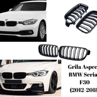 Set grilă frontală tip M dublă pentru BMW Seria 3 F30 (2012–2018), finisaj negru lucios, vedere frontală, plastic ABS de înaltă calitate