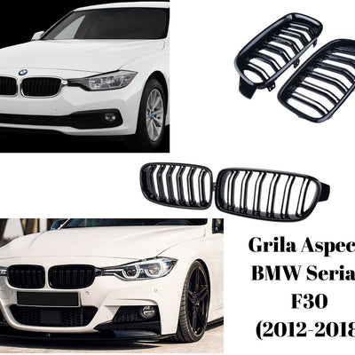 Comparație între aspectul standard BMW Seria 3 F30 și varianta cu grilă tuning M Style negru lucios – colaj ilustrativ compatibilitate