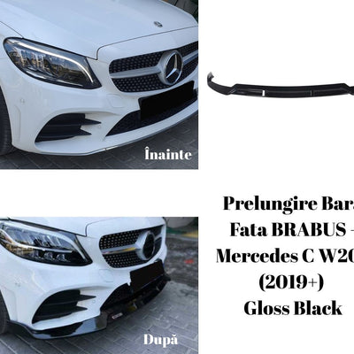 Comparativ înainte și după montaj prelungire bară față BRABUS Gloss Black pe Mercedes-Benz C-Class W205 facelift 2019+, pachet AMG Line, stil sportiv.